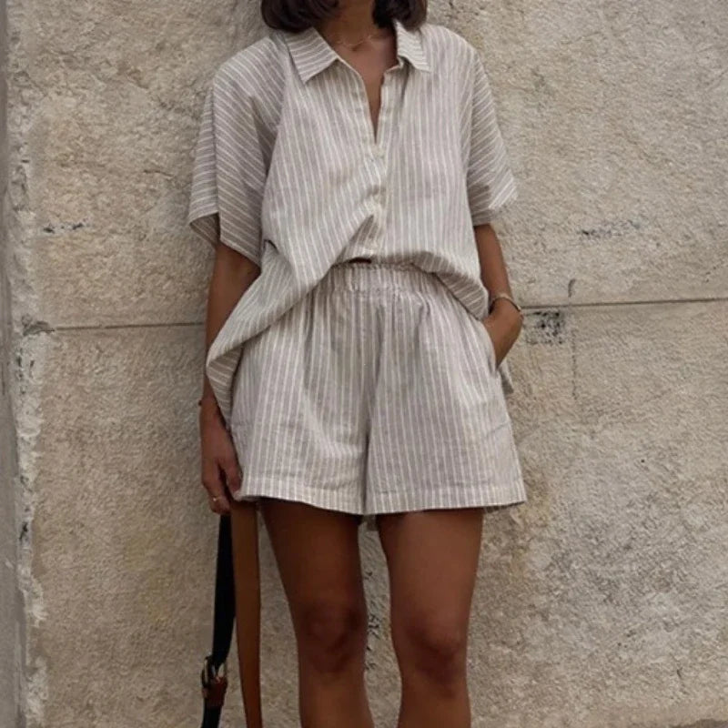 Stylish Women's Two-Piece Set - Striped Shirt & Lace-Up Shorts