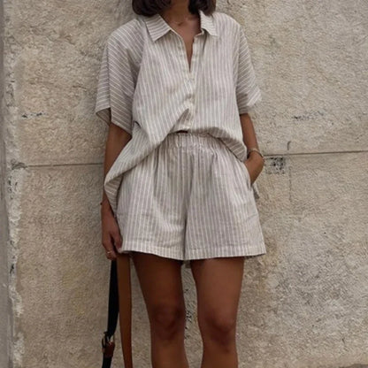 Stylish Women's Two-Piece Set - Striped Shirt & Lace-Up Shorts