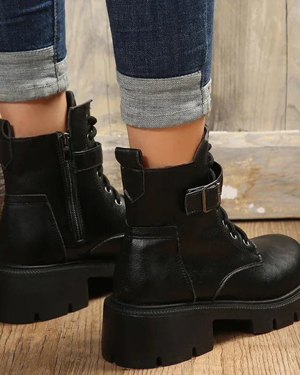 Women’s Chunky Heel Belt Buckle Boots with Lace-Up Design