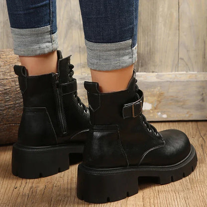 Women’s Chunky Heel Belt Buckle Boots with Lace-Up Design