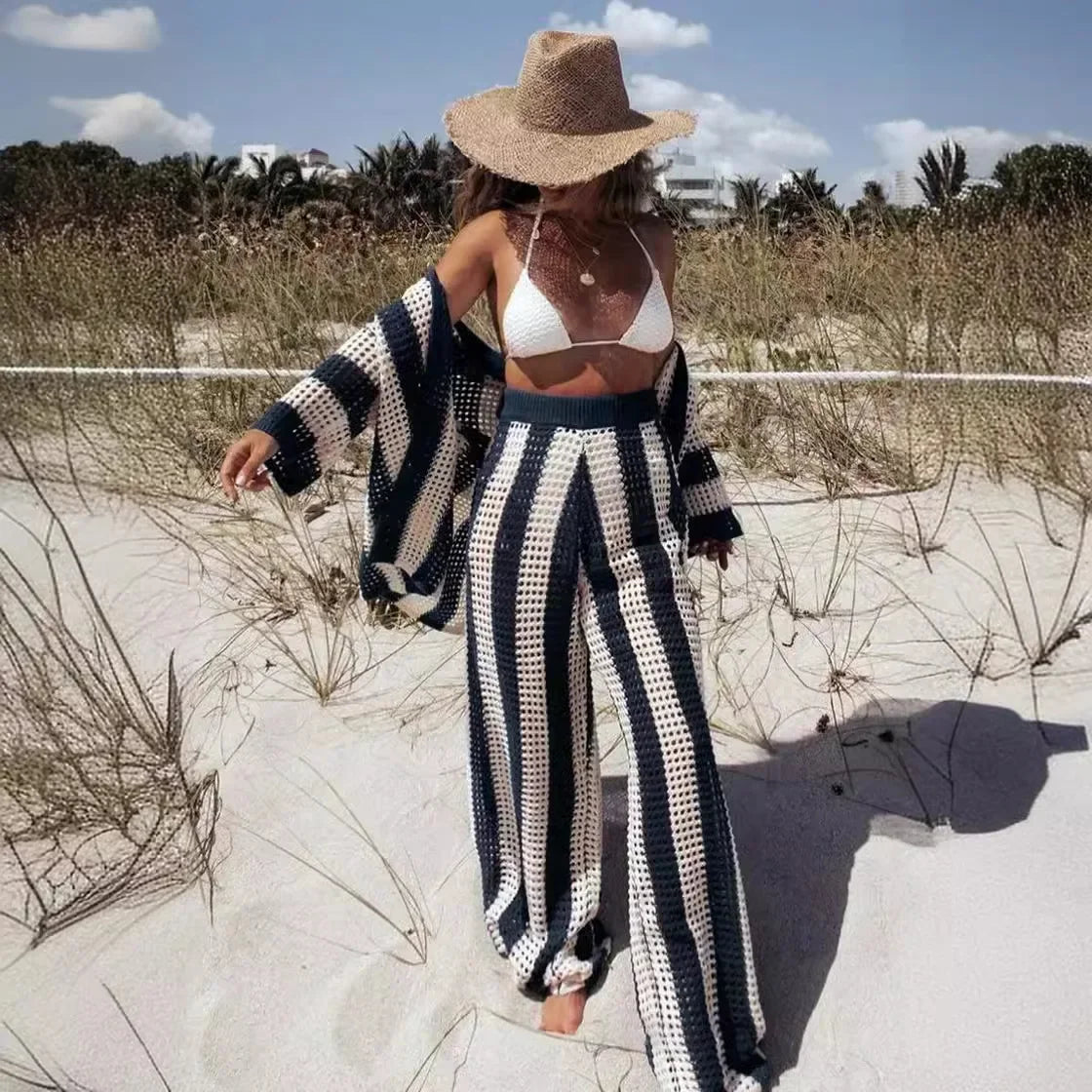 Women's Two-Piece Striped Knit V-Neck Hollow Out Button Top & Wide Leg Pants Set