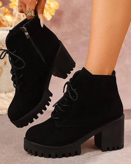 Women's Chunky Heel Ankle Boots with Platform Sole – Side Zip & Lace-Up Design
