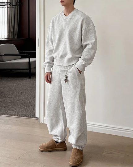 INCERUN Men’s Loose-Fit Two-Piece Set with V-Neck Long-Sleeve Top and Pants