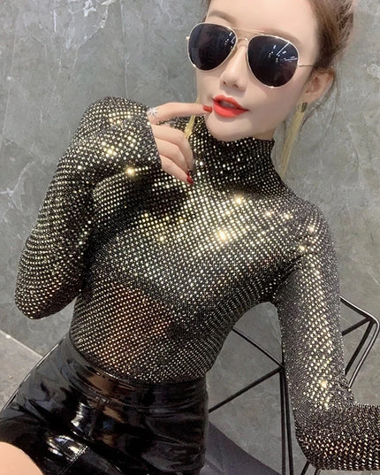 Shiny Sequin Turtleneck Sweater for Women - Long Sleeve Slim Fit Sequin Top