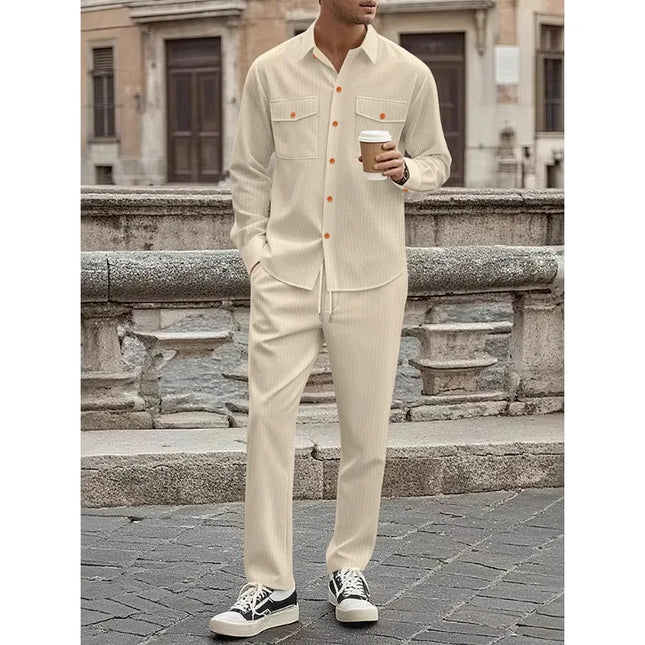 Men's Two-Piece Corduroy Casual Suit – Long-Sleeved Shirt and Long Pants Set
