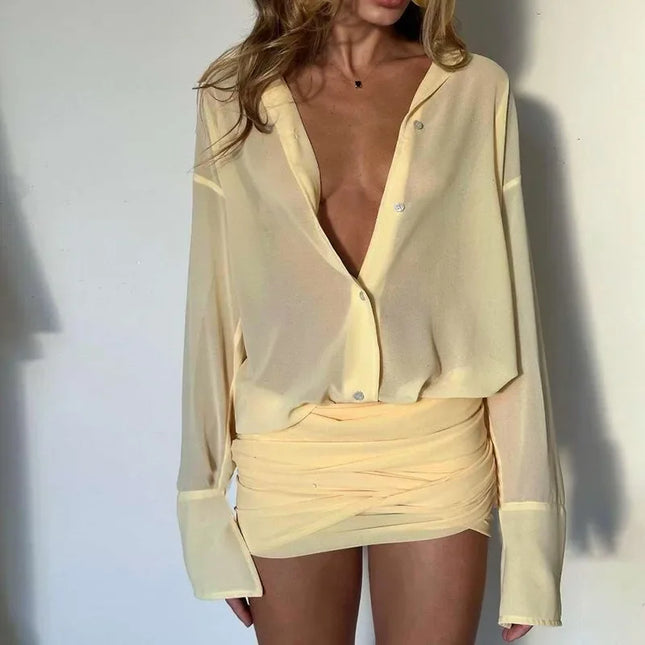 Women's Shirt Dress with Lapel, Slim Fit, Short Length, Pleated Design, and Sheer Fabric