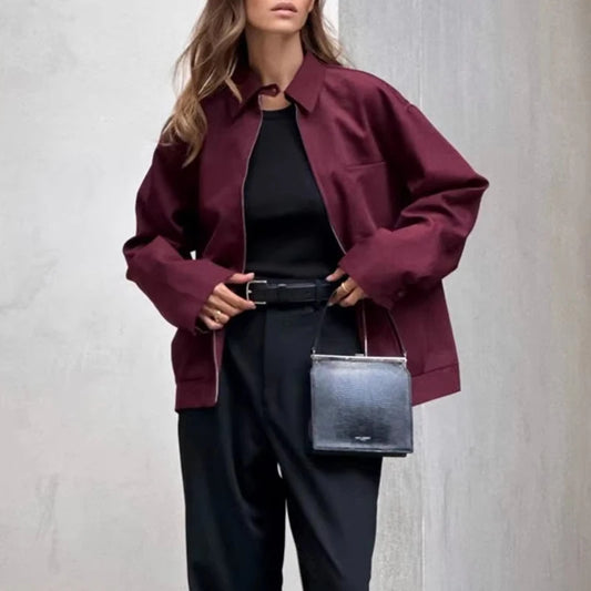TRAF Zipper Bomber Jackets for Women Autumn Outerwears Overcoat Female Long Sleeve Loose Jacket Women Coats Retro Women's Jacket