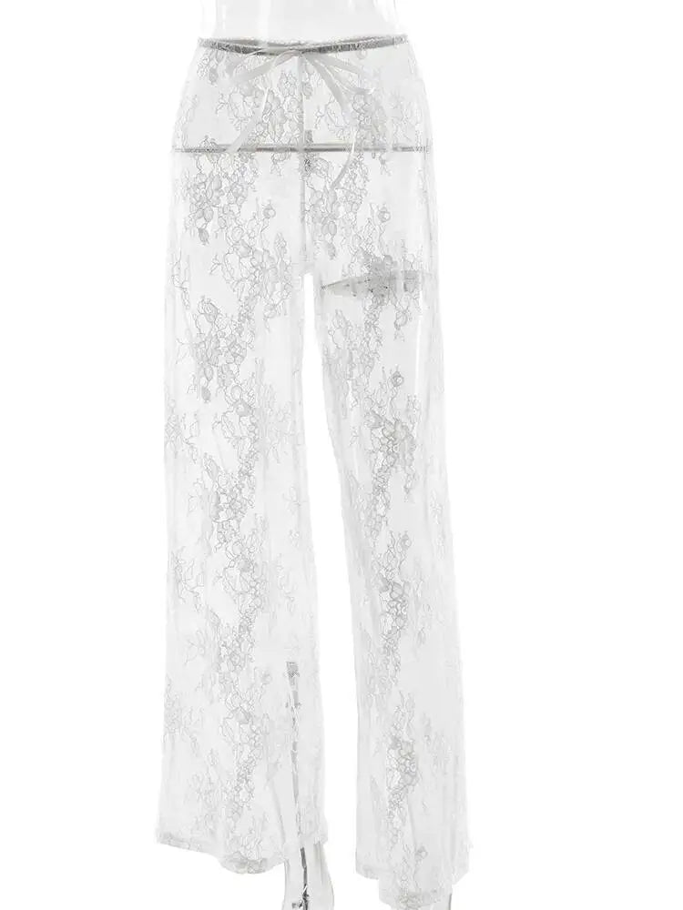 Women's See-Through Floral Print Lace White High-Waisted Loose Pants with Lace-Up Design