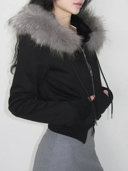 Women's Faux Fur Patchwork Hooded Jacket with Letter Embroidery and Zipper