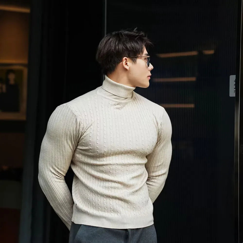 Men's Striped Knit Long Sleeve Turtleneck Sweater