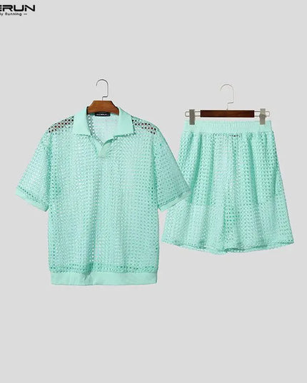 Incerun Men's Two-Piece Hollow Out Lapel Short Sleeve T-Shirt and Short Set