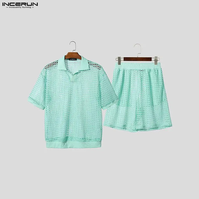 Incerun Men's Two-Piece Hollow Out Lapel Short Sleeve T-Shirt and Short Set