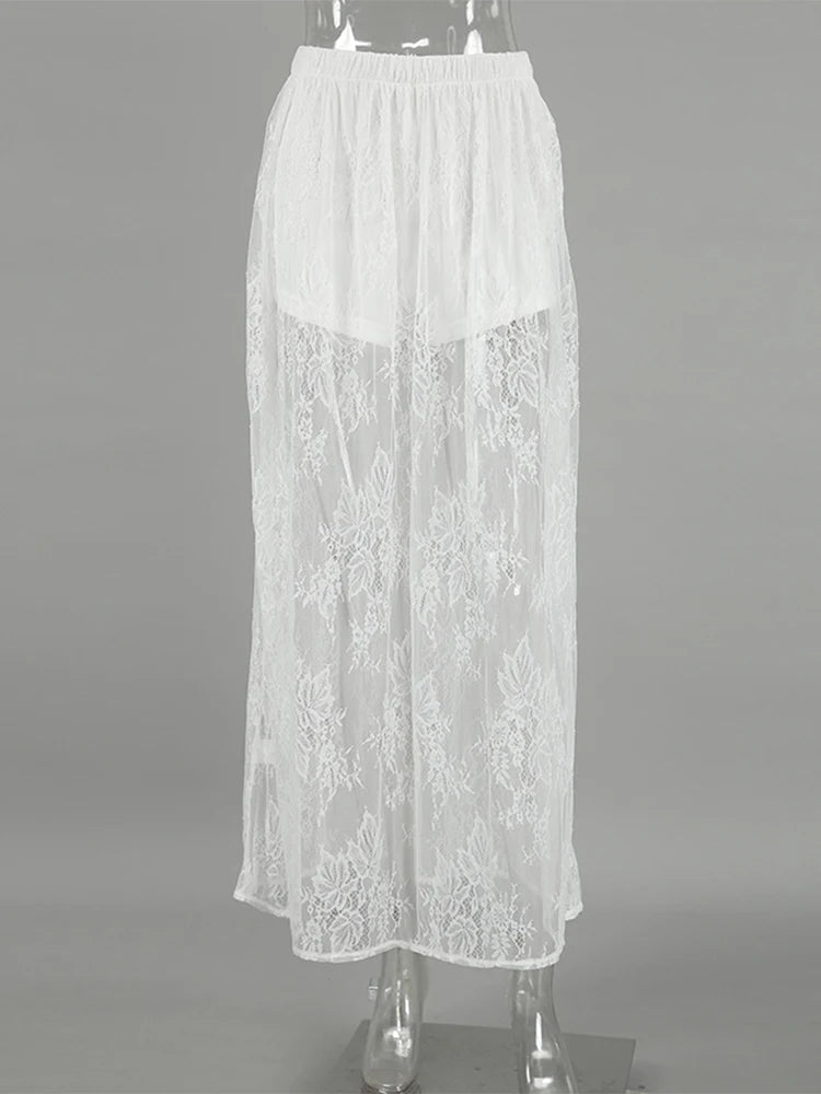 Women's See-Through Floral Print Lace White High-Waisted Loose Pants