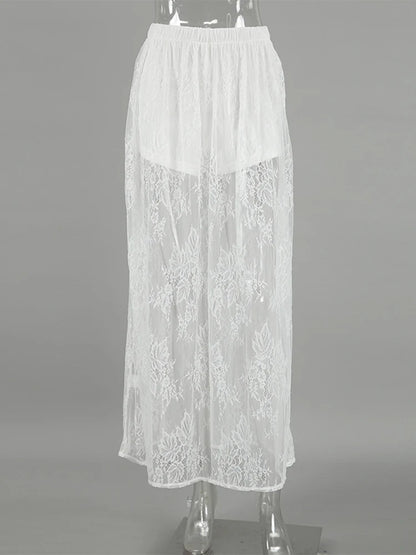 Women's See-Through Floral Print Lace White High-Waisted Loose Pants