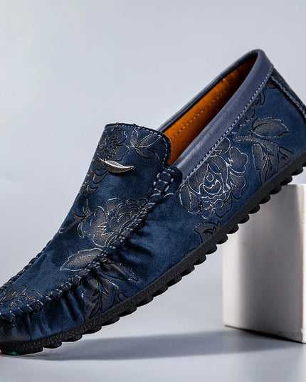 Men's Flower-Printed Faux Leather Slip-On Loafers - Stylish and Comfortable Men's Shoes