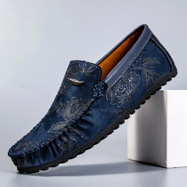 Men's Flower-Printed Faux Leather Slip-On Loafers - Stylish and Comfortable Men's Shoes