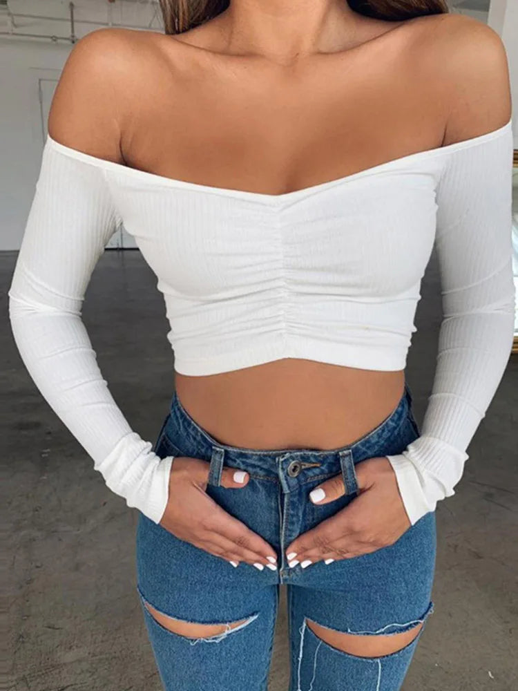 Women's Off-Shoulder Long Sleeve Cropped Top