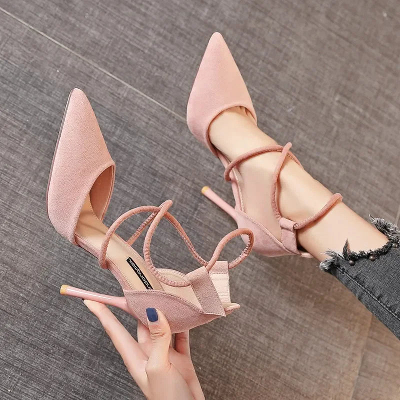 Women's Suede High Heels Roman Sandals with Cross Strap & Buckle Closure