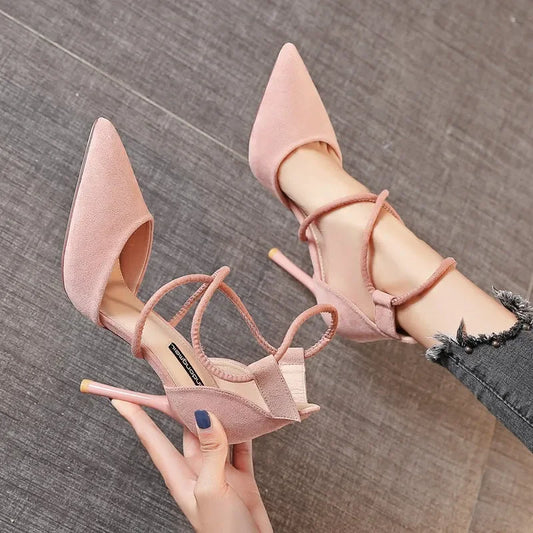 Women's Suede High Heels Roman Sandals with Cross Strap & Buckle Closure