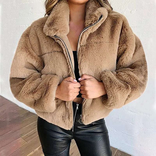 Women's Zippered Cropped Faux Fur Jacket with Stand Collar