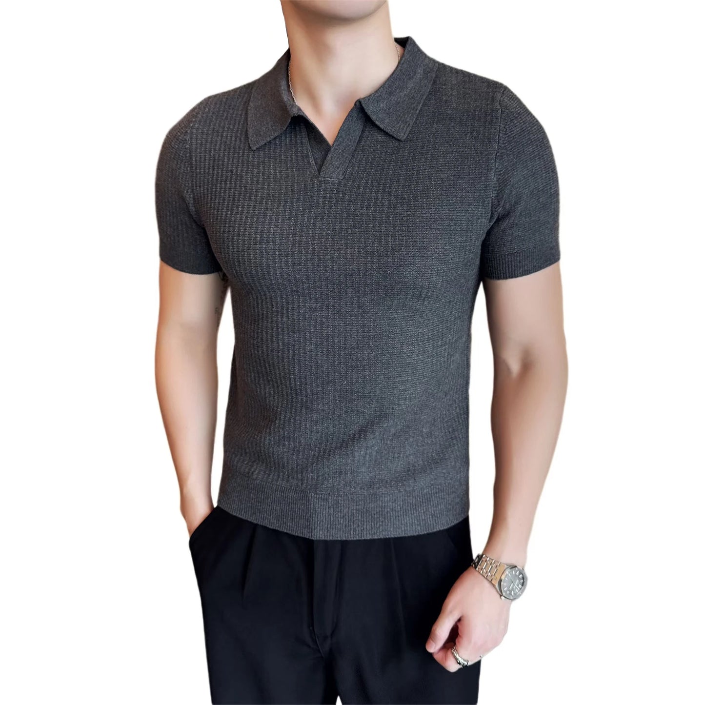 Men's Slim Fit Polo Shirt - Casual Knitted Polo Tee for Men