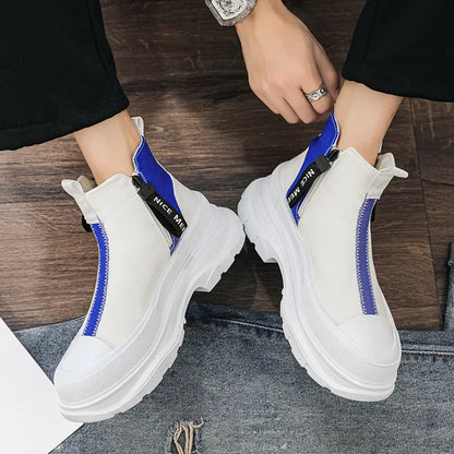 Men's High-Top Canvas Sneakers with Thick Soles and Side Zipper