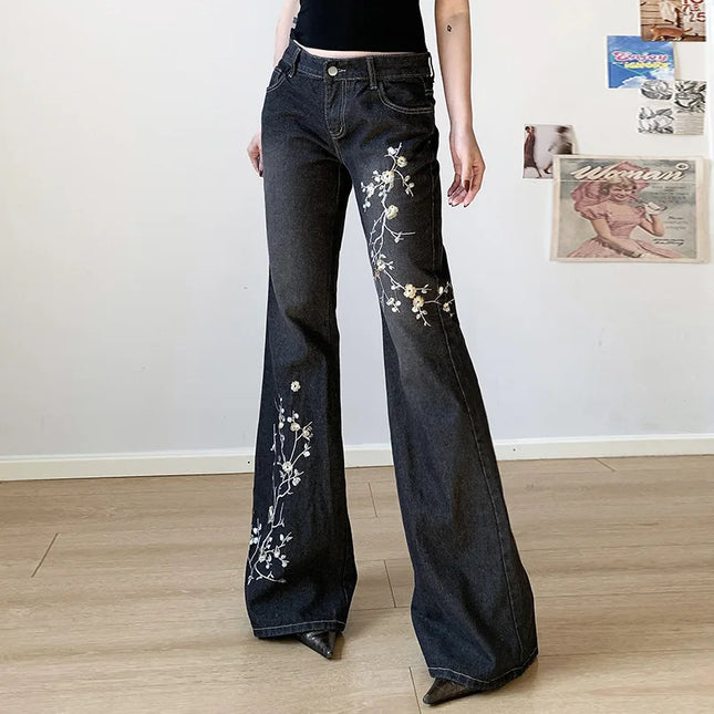 Women's Floral Embroidered Flared Jeans with Low Rise