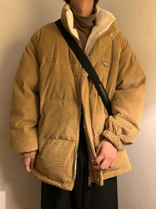 Vintage Corduroy Women's Parka with Thick Fleece Lining and Stand Collar