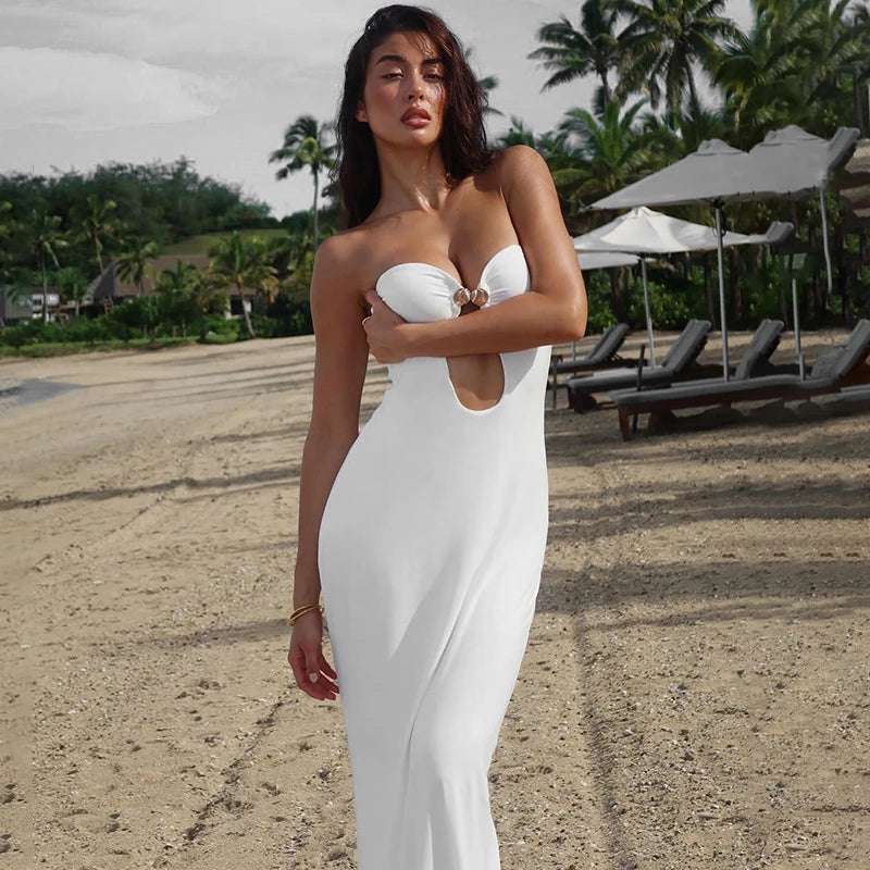 CUTENOVA Women's Off-Shoulder Backless Strapless Cut-Out Bodycon Maxi Dress