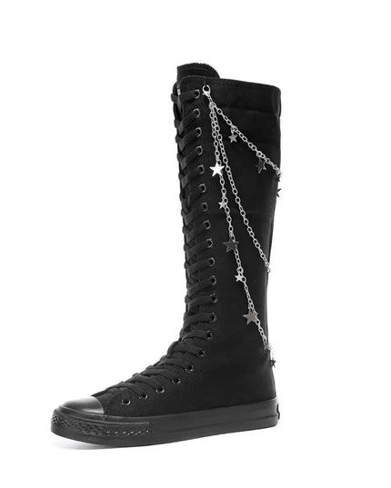 Women’s Knee-High Punk Knight Boots with Flat Sole - Metal Chain Detail - Cross-Tied Design