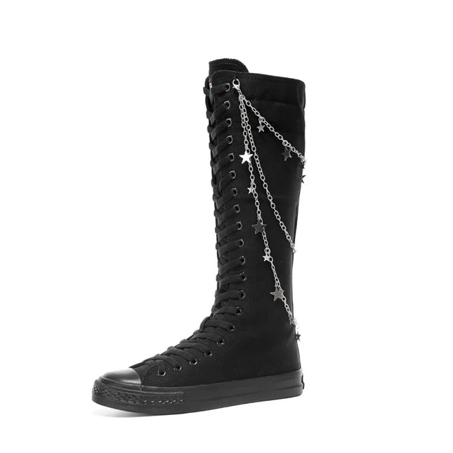 Women’s Knee-High Punk Knight Boots with Flat Sole - Metal Chain Detail - Cross-Tied Design