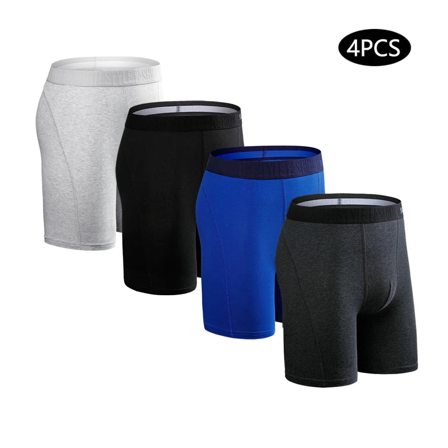 Men's Cotton Long Boxers – Set of 4 Trunks, Comfortable & Breathable Underwear