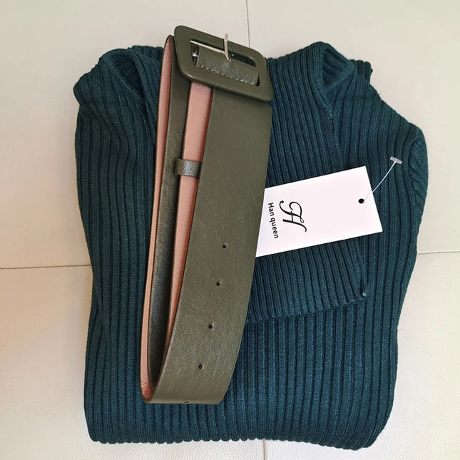 Han Queen Women's Knitted Turtleneck Bodycon Dress with Belt