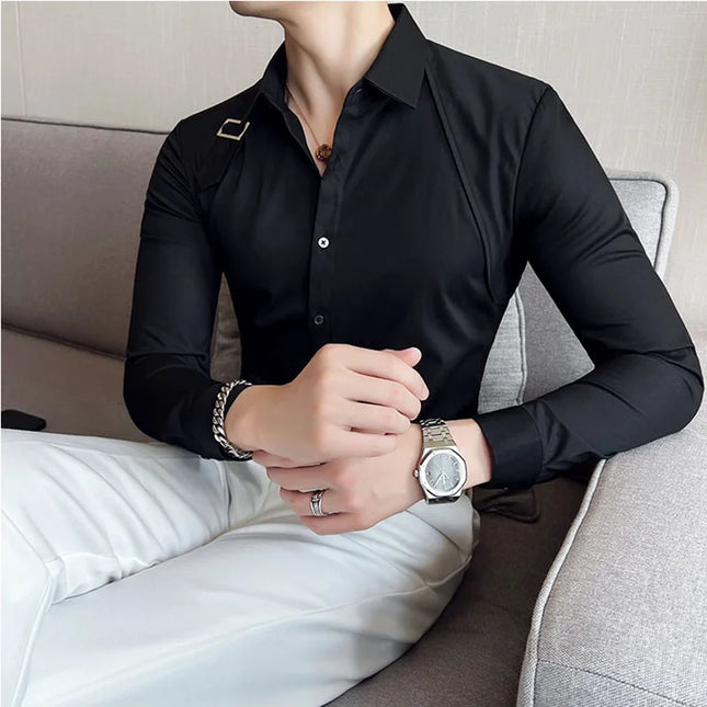 Strap-Detail Long Sleeve Slim Fit Casual Shirt For Men