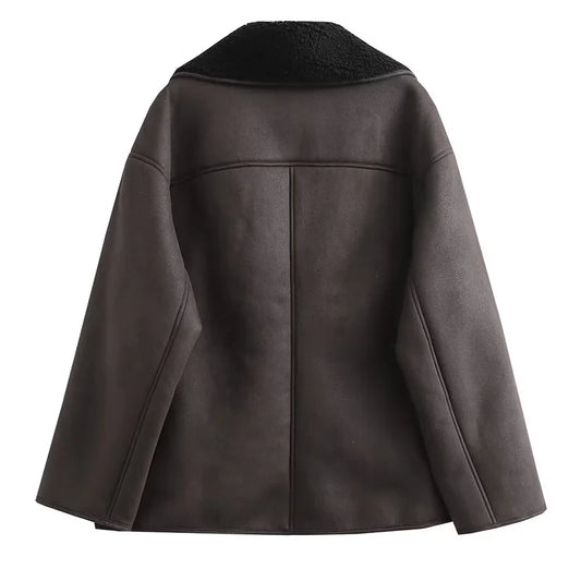 Women's Faux Fur Leather Jacket - Wool Blend Long Sleeve Warm Coat