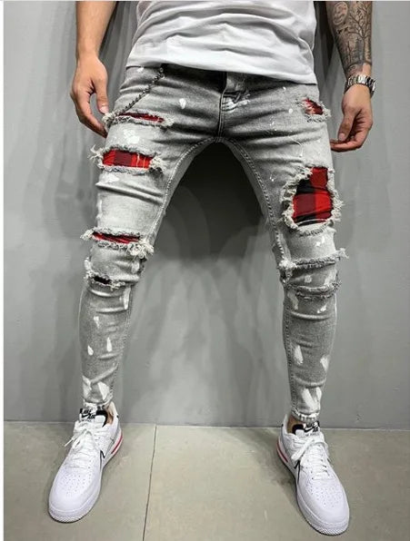 Men's Skinny Slim Fit Ripped Denim Jeans with Stretch, Hole & Patchwork Design
