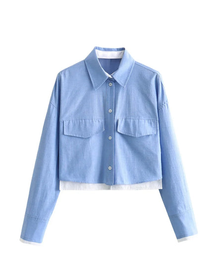 Women's Crop Blouse Shirt with Lapel, Long Sleeves, and Pocket