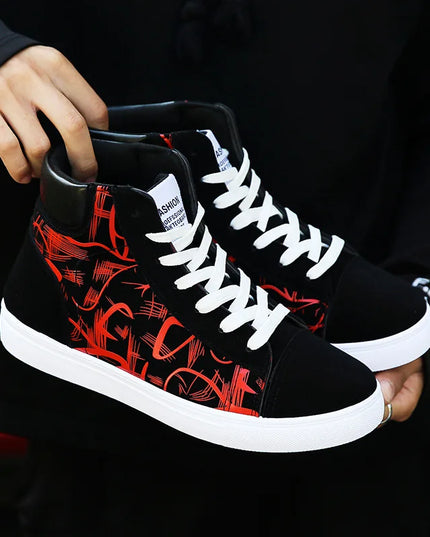 Men's Lace-Up High-Top Canvas Sneakers with Vulcanized Sole