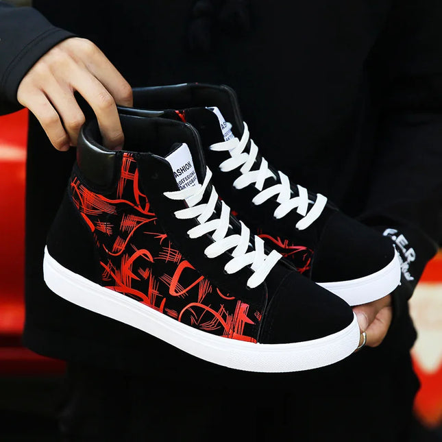 Men's Lace-Up High-Top Canvas Sneakers with Vulcanized Sole