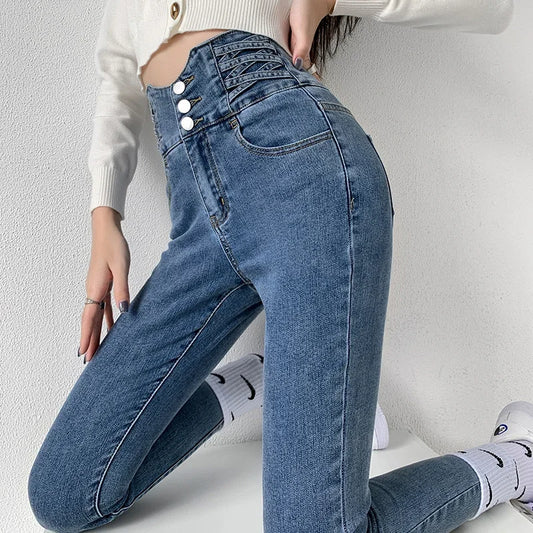 Vintage High-Waist Skinny Pencil Jeans with Four Buttons - Slim Stretch