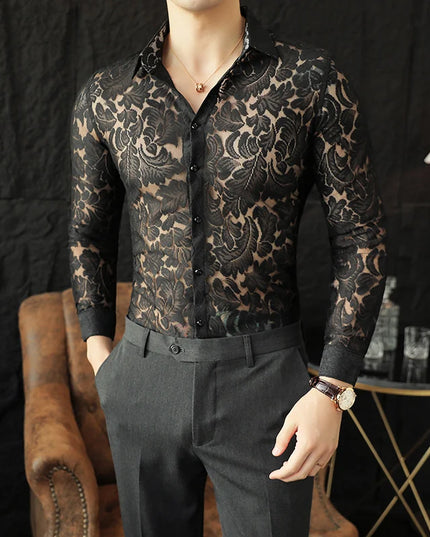 Men's Mesh See-Through Floral Lace Sheer Casual Shirt