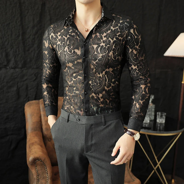 Men's Mesh See-Through Floral Lace Sheer Casual Shirt