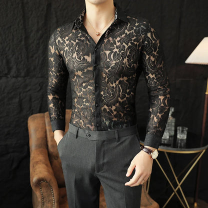 Men's Mesh See-Through Floral Lace Sheer Casual Shirt