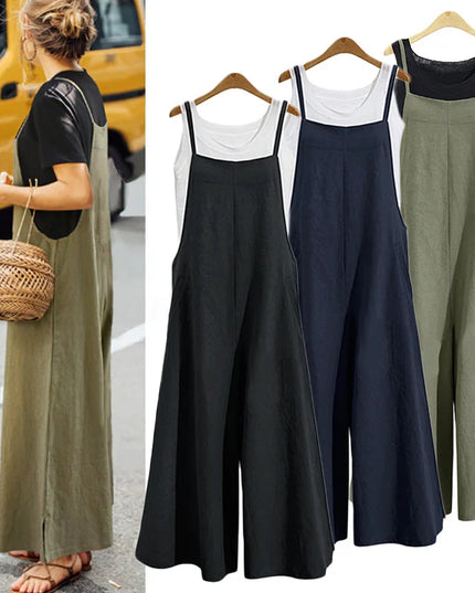 Women’s Wide-Leg Dungaree Pants with Strap - Casual and Loose Fit