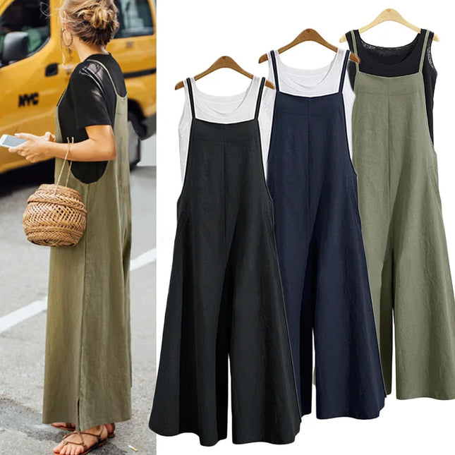 Women’s Wide-Leg Dungaree Pants with Strap - Casual and Loose Fit