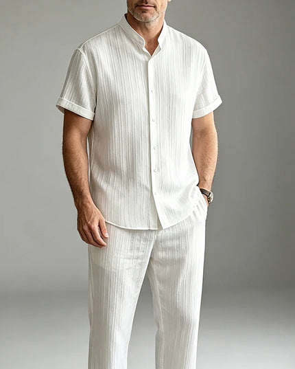 Men’s Jacquard Shirt and Drawstring-Waist Pants Set — Lightweight & Breathable
