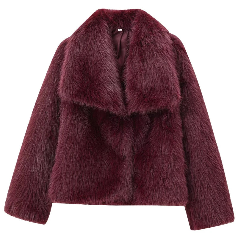 Women’s Plush Faux Fur Crop Jacket - Long Sleeve Stylish Coat
