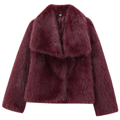 Women’s Plush Faux Fur Crop Jacket - Long Sleeve Stylish Coat