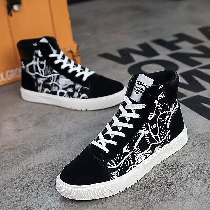 Men's Lace-Up High-Top Canvas Sneakers with Vulcanized Sole