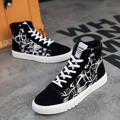 Men's Lace-Up High-Top Canvas Sneakers with Vulcanized Sole